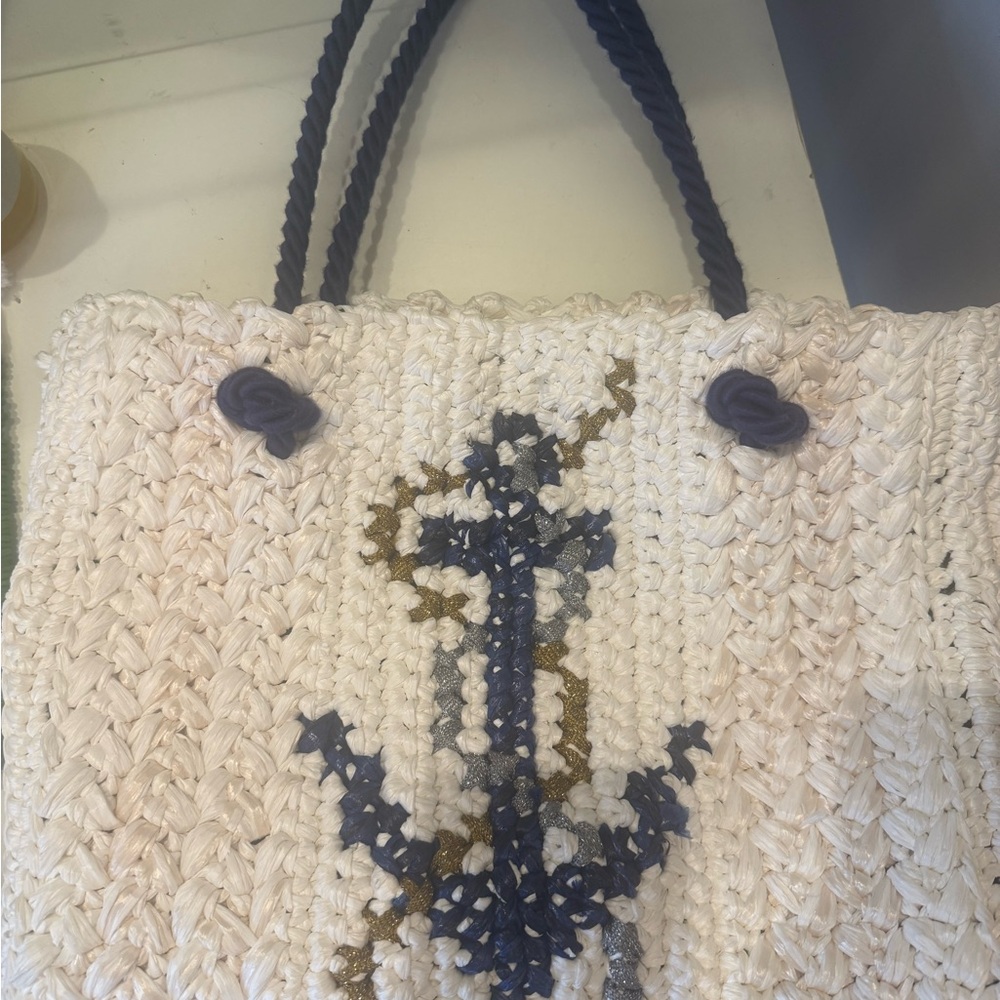 Anchor Design Woven Tote Bag - Cream and Navy